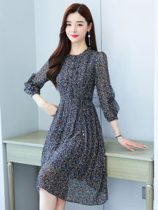 Floral Chiffon Dress Women Small Figure Waist Accentuating Long Sleeve Graceful Mid-length