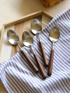 Retro Walnut Brushed 304 Stainless Steel Soup Spoon Sharp End Rice Spoon Home Use Dining Spoon Japanese Style Western Cutlery