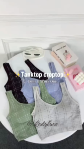 LadyLuxe - Atasan Baju Tank Top Crop Bra Sport Garis Kotak Kotak Push Up Tanpa Kawat Fashion BR144