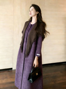 PAIBOLI | Fringe Long Over-knee Purple Tweed Coat