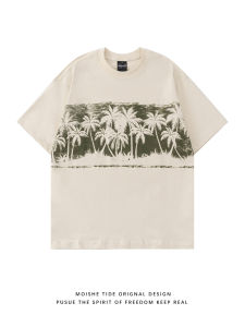 เสื้อยืดแขนสั้นพิมพ์ลายไม้พุดรคอตตอนหลวมๆ สไตล์วินเทจสไตล์ญี่ปุ่นสำหรับผู้ชายและผู้หญิง สวมใส่สบายๆ