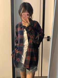 Áo Sơ Mi Kẻ Caro Đỏ Phong Cách Mỹ Cổ Polo Dài Tay Dáng Rộng Cho Nữ Đầu Thu Mới Về Áo Khoác Ngoài Thường Ngày Áo Sơ Mi Nữ