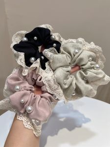ริบบิ้นยางยืดผมสไตล์เกาหลีสีชมพูและสีดำพร้อมลูกปัดลูกไม้ ริบบิ้นยางยืดผมสไตล์หวานๆ สำหรับผู้หญิง