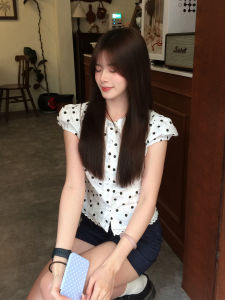 YUEZHONGWEI | French Dot Short Sleeve Collar Slim Fit Womens Shirt