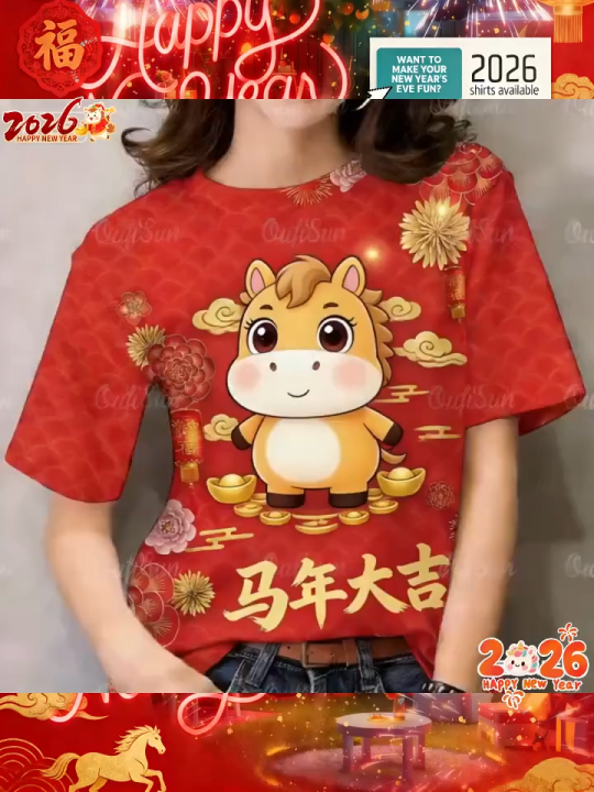 เสื้อยืดตรุษจีนปี 2026 สีแดง 2569 เสื้อยืดผู้หญิง ลายดอกไม้และม้า แขน ...
