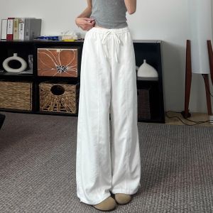 White Ice Silk Wide Leg Pants High Waist Loose Straight Quick Dry Cool Casual Workwear Trousers for Women Spring Autumn New Fashion