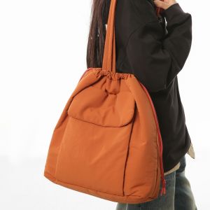 Minimalist Pure Color Drawstring Bag Cotton-Padded Fitness Yoga Tote Bag Idle Style College Student Class Commute Leisure Shoulder Bag