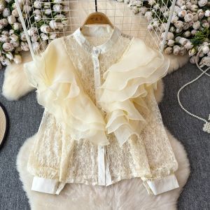 Autumn New Arrival Accessible Luxury Fairy Pink Ruffles Court Noble Elegant Lace Shirt Easiest for Match Design Blouse