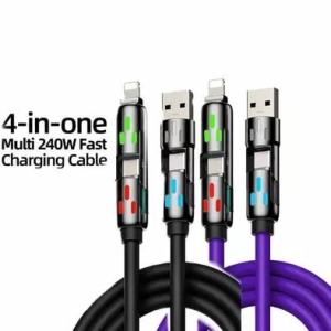 KABEL DATA FAST CHARGING 4 IN 1 240W LED CABLE USB-A TYPE-C IOS LIGHTNING - KABEL DATA LED MACARON SILICONE LENTUR