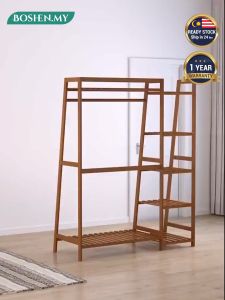 Wooden Clothes Drying Rack Hanging Rack Wardrobe Coat Rack Cabinet Multifunction Almari Rak Baju Penyangkut Pakaian 晾衣架