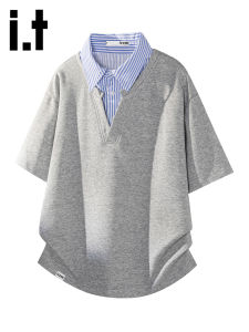 izzue | Plaid Fake Two-Piece Short Sleeve Polo Shirt for Men
