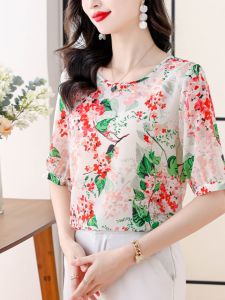 MAIMEI | Áo thun nữ tay ngắn in họa tiết cổ tròn thường ngày mùa hè 2024 Áo thun cotton rộng rãi thoải mái cho phụ nữ trung niên