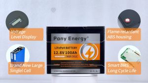 PonyEnergy 12V100Ah LiFePo4 battery with Voltage Display & Intelligent BMS Series-connectible Lithium Iron Phosphate Batterysolar charging