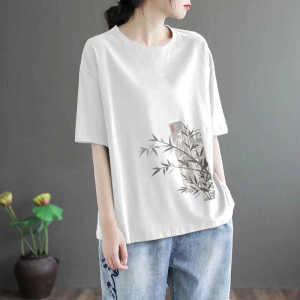 Áo Thun Tay Ngắn Cotton Nguyên Chất Thời Trang Mùa Xuân Hè Mới Cho Nữ Đa Năng Trẻ Trung Nghệ Thuật in Họa Tiết Phong Cách Trung Quốc