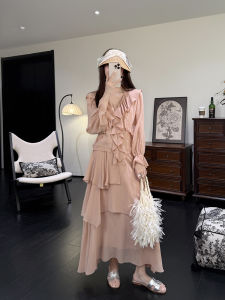 Waves Style Multi-layered Ruffles Tangerine Pink Blouse and Skirt Set