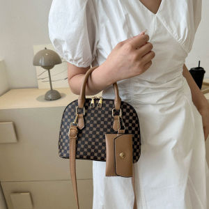 Luxury Shell Fashion Womens Handbag Simple Shoulder Bag Plaid Print Crossbody Bag with Mini Purse