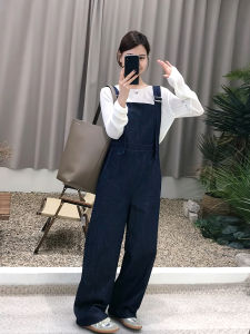 Spring 2025 Loose High Waist Denim Overalls Womens Blue Washed Wide Leg Pants Straight Cut Workwear Trousers Korean Style