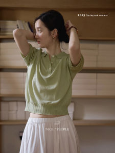 Lightweight See-through POLO Neck Knitted Short Sleeve Lin Satin Cotton Blend Spring Commute Style Loose Fit Womens T-shirt