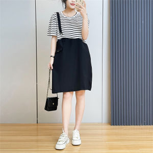 ชุดเดรสแขนสั้นผ้าฝ้ายฤดูร้อนสำหรับผู้หญิง ชุดกระโปรงยาวคลุมเข่าสไตล์เกาหลีหลวมๆ สบายๆ ลายทาง ชุดเดรสเกาะอก