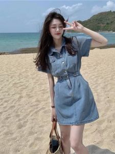 Short Sleeve Denim Skirt for Women High Waist Summer Polo Neck Pullover Cottons and Polyester Tight Waist Party Dress