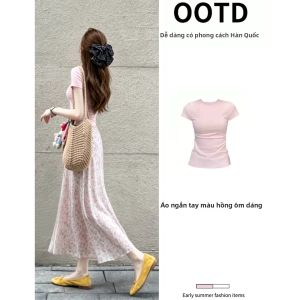 ZUKUN | Bộ Váy Midi Hoa Hồng Xòe Dài
