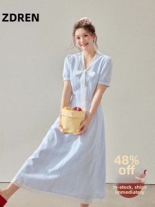 ZHANGDAREN | Đầm A-line Thanh Lịch Màu Xanh Retro cho Mùa Hè
