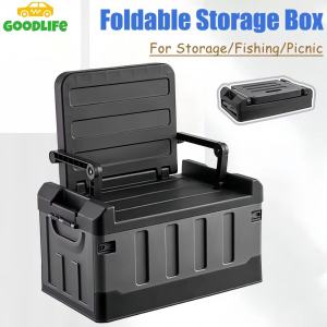 60L Large Capacity Car Trunk Storage Box Foldable Multifunctional Outdoor Camping Storage Box Chair Storage Box with Backrest Fits Most Vehicles