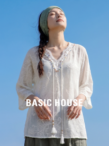 Basic House | White V-neck Embroidered Lace-up Three-quarter Sleeve Shirt