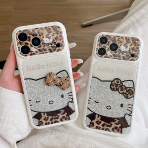 Sanrio | Cute Cartoon Leopard Print Bow Hello Kitty Glitter Matte Phone Case For iphone 17 16 15 Pro Max Lens Protective PC Back Cover