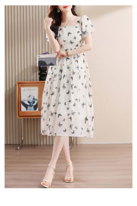 Work MIDI dress women short sleeve square neck high waist a line butterfly print chiffon white work casual evening dinner dating holiday party designer spring summer autumn long dress Korean Galaz