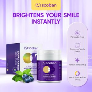 Scoban Serbuk Gigi Putih Warna Ungu - Menguatkan Senyuman Anda Secara Tepat - Bebas Peroksida & Menghilangkan Noda Gigi. Scoban Whitening Purple Tooth powder