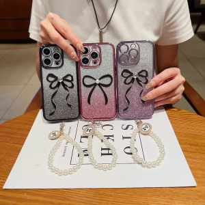 IPH 11 12 13 14 15 16 Plus Pro Max reben mutiara sarung fon rantai 2 in 1 gradient transparent shining ribbon pearl chain phone case casing cover 手机壳