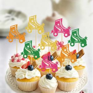YOMDID 24Pcs Glitter Roller Skate Cupcake Toppers Polychrome Roller Skate Silhouette Cake Picks Sports Theme Cake Decorations