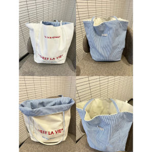 Bag Womens New Thickened Canvas Embroider Korean Style Reversible Letters Large Capacity Striped Minimalist Easy Matching Tote Bag