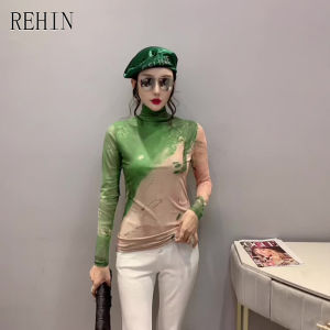 REHIN Áo Nữ Áo Thun Lưới Dài Tay Hào Quang Áo Cánh Dáng Ôm Cổ Cao Mùa Thu