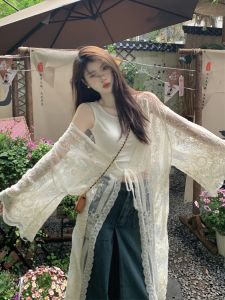 เสื้อคาร์ดิแกนผ้าชีฟองโปร่งป้องกันแสงแดดสไตล์วันหยุดโบฮีเมียนสำหรับผู้หญิงในฤดูร้อน เสื้อเชิ้ตลูกไม้บาง เสื้อคลุมยาวปานกลาง