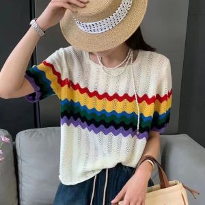 TTQQ Womens Sweater Hollow Short-sleeved Shirt Plus Size Rainbow Striped Shirt