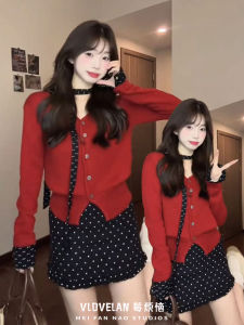 Red Polka Dot V Neck Knitwear Womens Style New Year Retro High Waist Bodycon Skirt Korean Fashion Two Piece Set Buttoning Sleeve