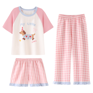 MiiOW | ชุดนอนเด็กผู้หญิง Catman แขนสั้นผ้าฝ้ายแท้ 3 ชิ้น ชุดนอนฤดูร้อนและฤดูใบไม้ร่วงสำหรับเด็กผู้หญิง ชุดอยู่บ้านลายการ์ตูน