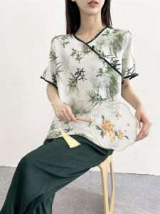 New Chinese Style Cotton Silk Set Womens Button Design Thin Loose Artificial Cotton Ancient Style Short Sleeve Two Piece Set