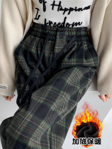 Comfortable Retro Green Gingham Straight-Leg Pants Fall and Winter Fleece-lined High Waist Woolen Wide-Leg Pants Casual Sports Mop Trousers Women