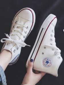 2024 Womens High Top Canvas Shoes Korean Style Versatile Casual Cross Laced Rubber Bottom round Toe Pure Color Student Sneakers