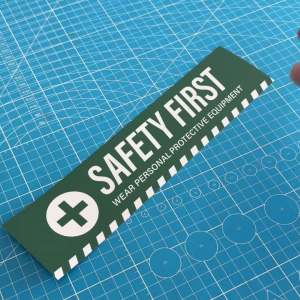 Safety First. Wear PPE. Utamakan Keselamatan. 安全第一. Sticker Sign Label Signage Hazard Stripes. Warning Caution Factory.