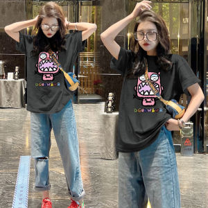 เสื้อยืดแขนสั้นผู้หญิงผ้าฝ้ายแท้หลวมๆ สไตล์เกาหลี ทรงยาวปานกลาง เสื้อผ้าทำงานฤดูร้อน เสื้อตัวบนคลุมสะโพก