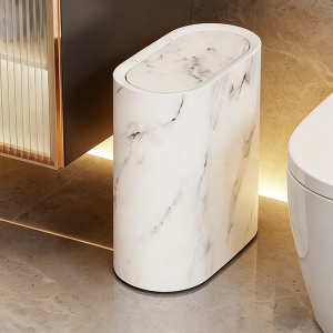 Minimalist Lidded Trash Can Narrow Trash Bin with Cover Marble Wood Pattern Plastic for Living Room Porch