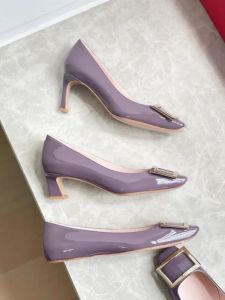 Iris Purple Square Toe Buckle Block Heel Flats