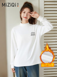 Thickened Fleece Long Sleeve Half High Collar Womens Base Shirt Inner Wear T-shirt Top for Autumn Winter White Color Commute Style