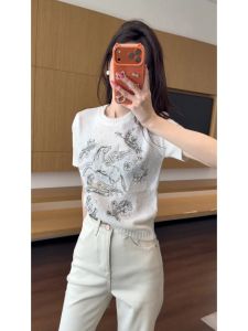 YUEZHONGWEI | Embroidered Short Sleeve Ice Silk Knit Top 2026 Summer