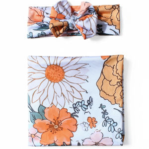 New Baby Printed Blanket and Headband 2-Piece Set Newborn Swaddle Wrap and Head Scarf Combo