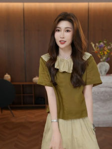 ZHILU | Áo Thun Tay Ngắn Form Rộng Slimming Cổ Peter-pan Màu Đối Lập Vintage